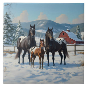 Carreau Chevaux Appaloosa noirs sur une ferme en hiver