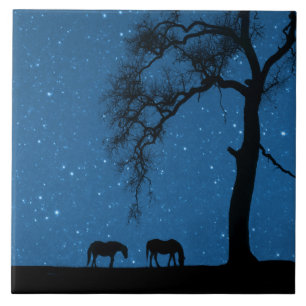 Carreau Chevaux Chêne Arbre et Ciel de nuit