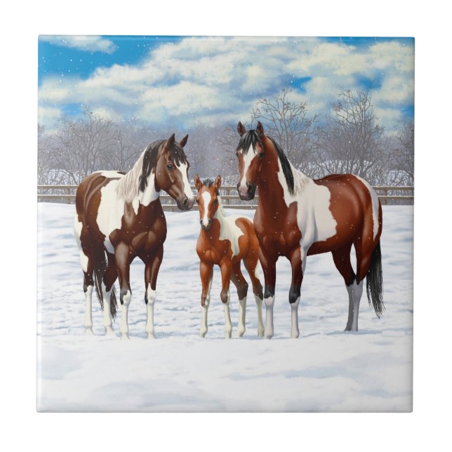 Carreau Chevaux De Peinture De Baie Pinto En Neige D'Hiver (Devant)