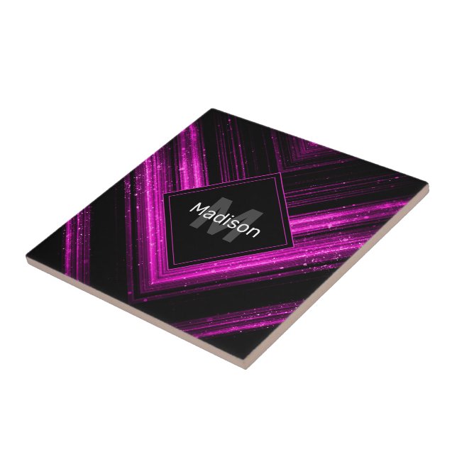 Carreau Chevron noir rose chaud brillant métallique Monogr (Côté)