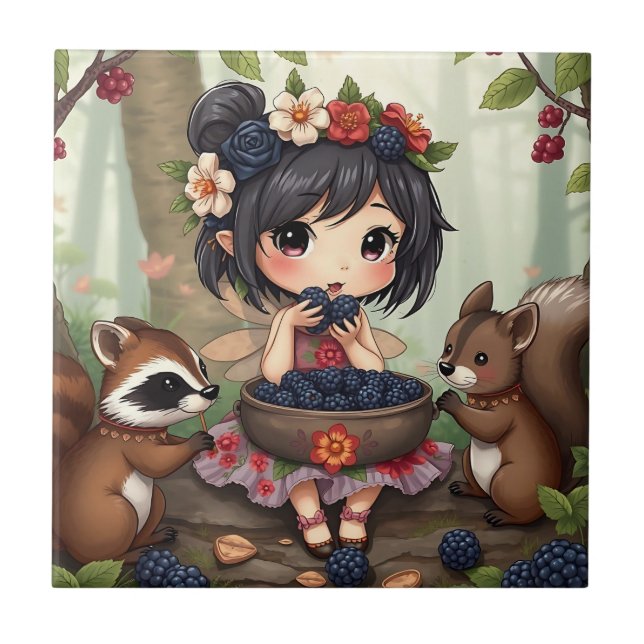 Carreau Chibi Fairy Eating Blackberries with Forest Friend (Devant)
