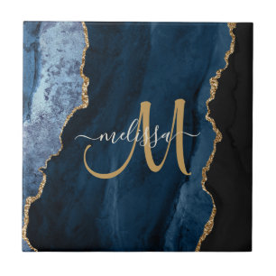 Carreau Chic Blue Gold Agate Script Monogramme personnalis