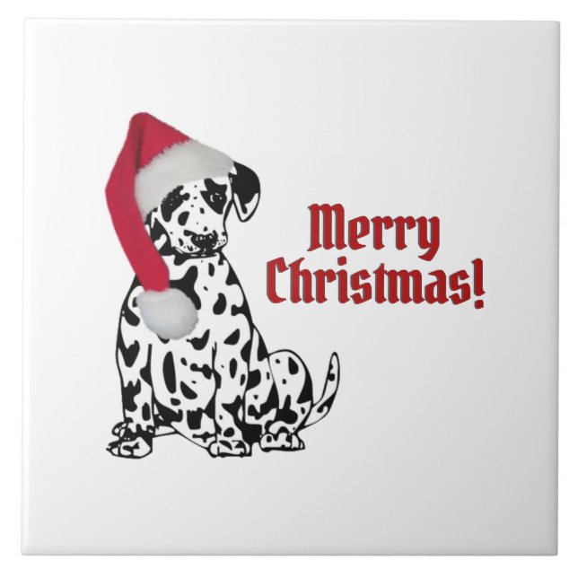 Carreau Chien dalmate rouge Casquette Joyeux Noël (Devant)