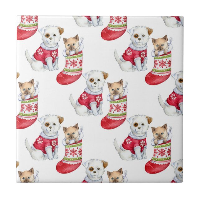 Carreau Chien et chat de Noël (Devant)