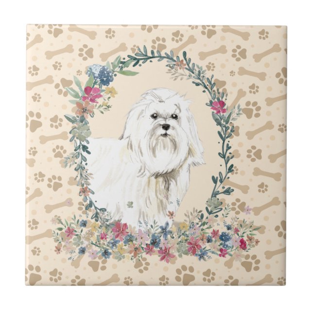 Carreau Chien maltais Empreinte de patte Floral Cute Beige (Devant)