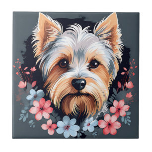 Carreau Chien mignon Yorkshire Terrier Fleurs