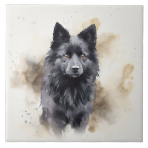 Carreau Chien noir Schipperke, Aquarelle