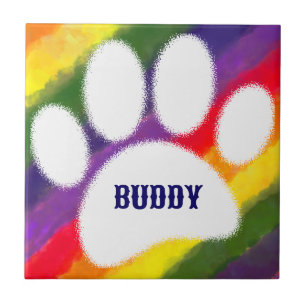 Carreau Chien Pawprint Rainbow Watercolor Nom personnalisé