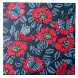 Carreau Chien rose et papillons en bleu et rouge