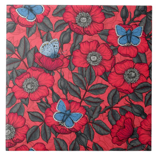 Carreau Chien rose et papillons en rouge et bleu