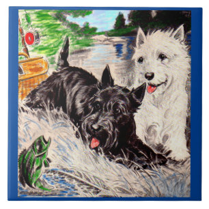 Carreau Chiens écossais Blackie et Whitie Fishing