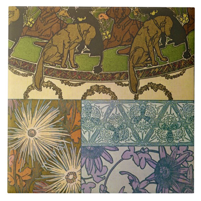 Carreau Chiens et fleurs de style Art Nouveau, Mucha (Devant)