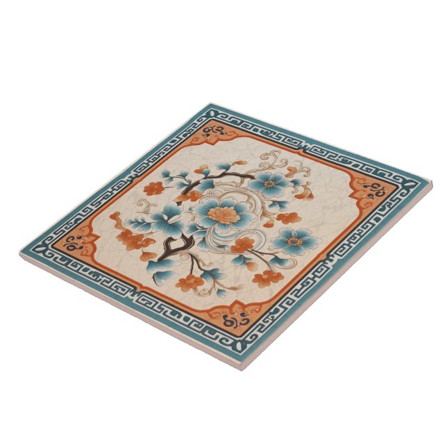 Carreau Chine traditionnelle Fleur d'encre orange Art 6 (Côté)