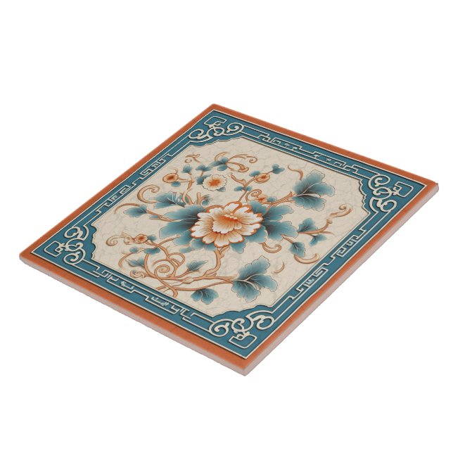 Carreau Chine traditionnelle Fleur d'encre orange Art 7 (Côté)