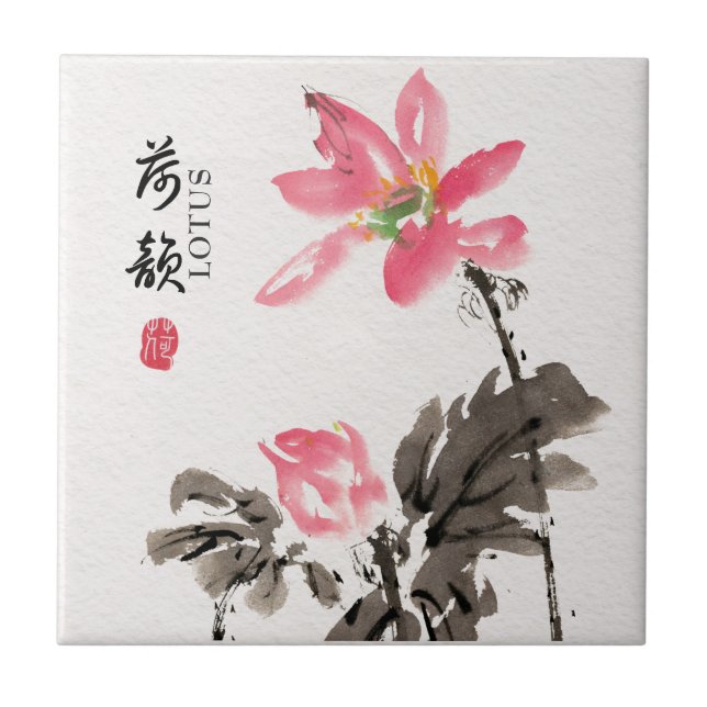 Carreau Chinoiserie Aquarelle à main levée Floral Lotus (Devant)
