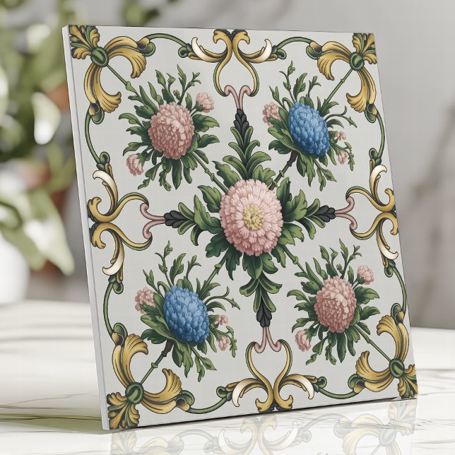 Carreau Chinoiserie florale Chrysanthème rose et bleu (Créateur téléchargé)