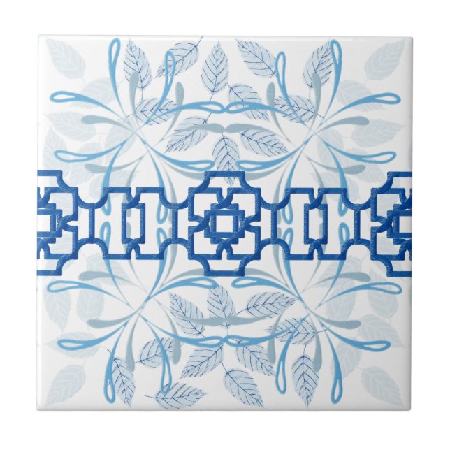 Carreau Chinoiserie Florale Géométrique Bleue Motif Zen (Devant)