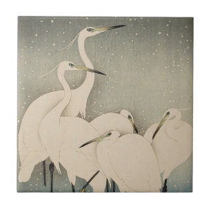 Carreau Chinoiserie Héron Blanc Motif Neige d'Hiver