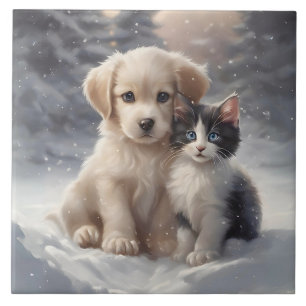Carreau Chiot mignon et chaton en Pose Portrait de Neige