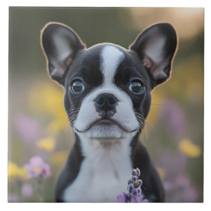 Carreau Chiots Terrier de Boston Fleurs de Lupin