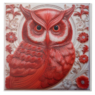 Carreau Chouette Art Nouveau en relief faux R rouge