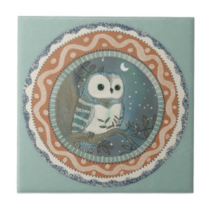Carreau Chouette fantaisie bleu mint terracotta sarcelle a