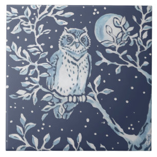 Carreau Chouette Ornat Bleu Classique, Art Nocturne Forêt