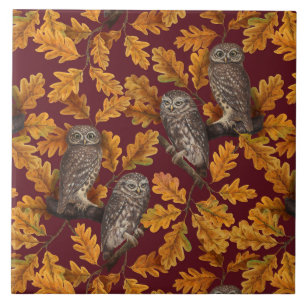 Carreau Chouettes d'automne sur rouge foncé