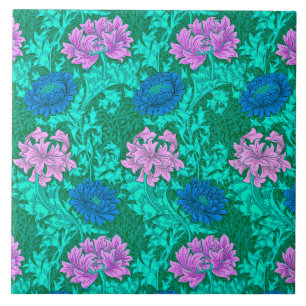 Carreau Chrysanthèmes Art Nouveau, Aqua et Violet