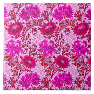 Carreau Chrysanthèmes Art nouveau, Bourgogne et rose