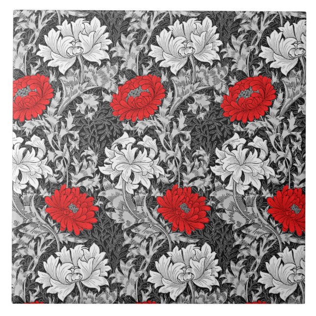 Carreau Chrysanthèmes Art Nouveau, gris et rouge (Devant)