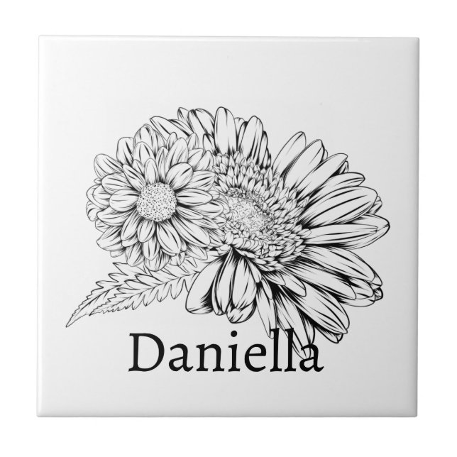 Carreau Chrysanthemum Black Line Drawing with Your Name  (Devant)