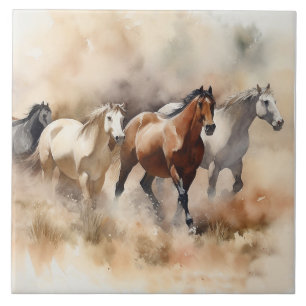 Carreau « Cinq mustangs galopants » Aquarelle western pous