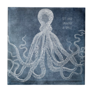Carreau Citation d'aquarelle bleu octopus twilight Vintage