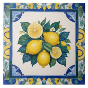 Carreau Citrons Gras Bleu Foncé Vert Jaune Citron