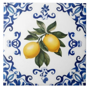 Carreau Citrons méditerranéens avec bordure bleue et blanc