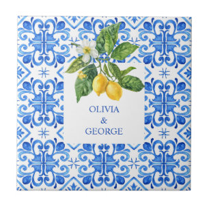 Carreau Citrons méditerranéens personnalisés bleu mariage