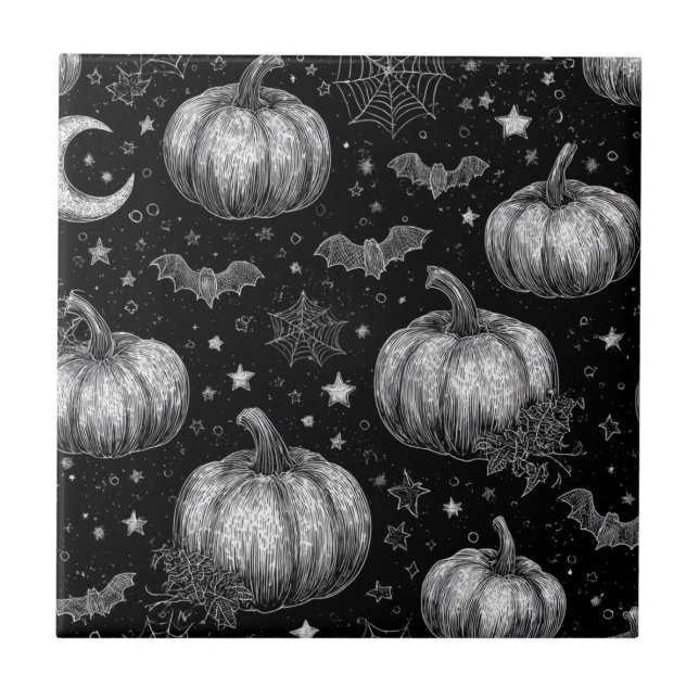 Carreau Citrouille d'Halloween noir et blanc, chauve-souri (Devant)