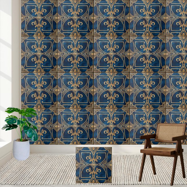 Carreau Classic Elegant Royal Blue et Gold Greek Tile (Classic Elegant Royal Blue and Gold Greek Tile)