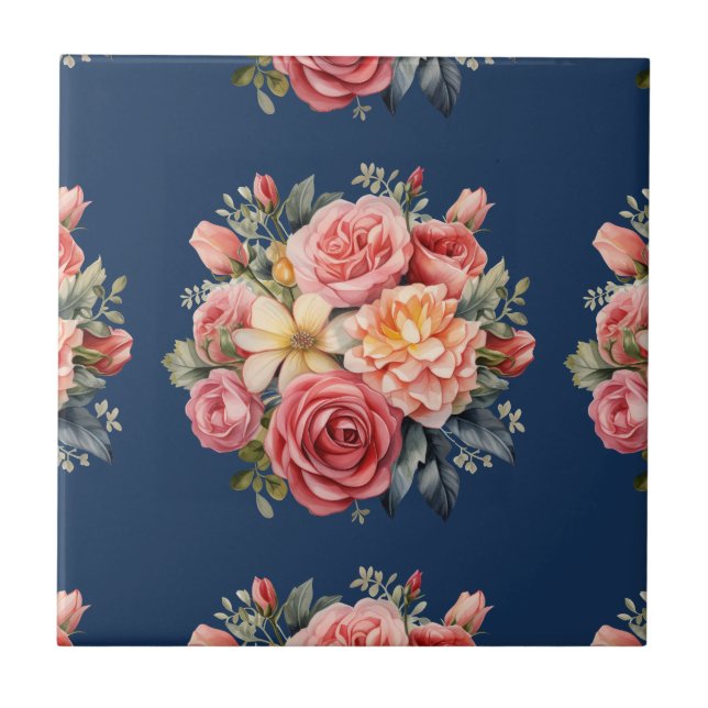 Carreau Classic Pink Roses Floral on a Blue Background (Devant)