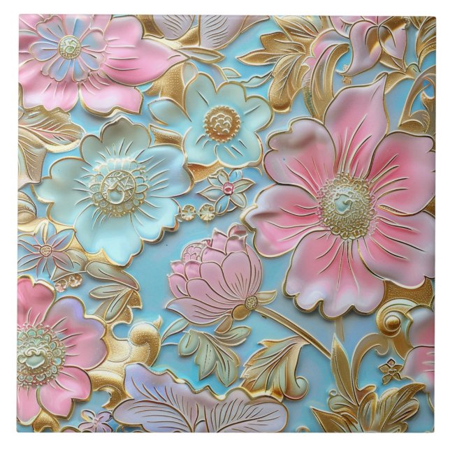 Carreau Cloisonne bleu clair motif floral (Devant)