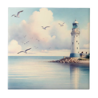 Carreau Coastal Lighthouse Seagulls Pastel Sky Serenity