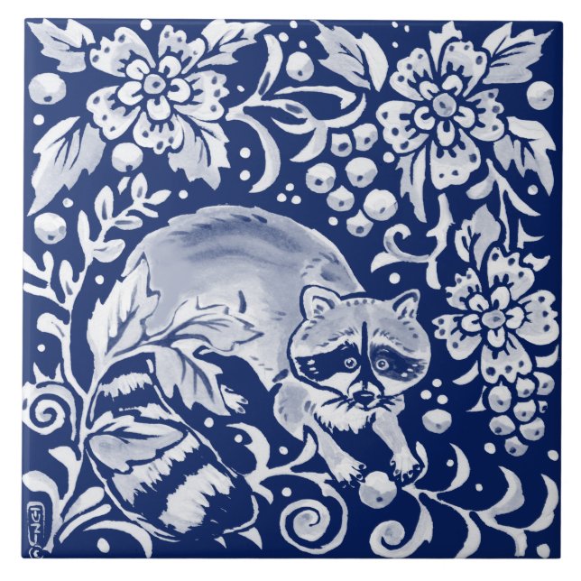 Carreau Cobalt Navy Blue Woodland Animal Raccoon Fruit (Devant)