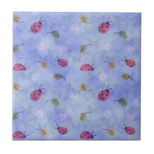 Carreau Coccinelles et feuilles tombantes motif bleu