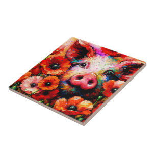 Carreau Cochon impressionniste dans les fleurs de coquelic