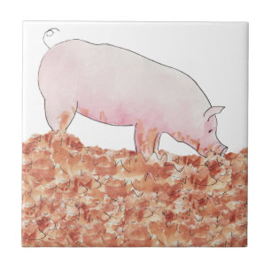 Carreau Cochon rose mou dans la boue Amusante Aquarelle An