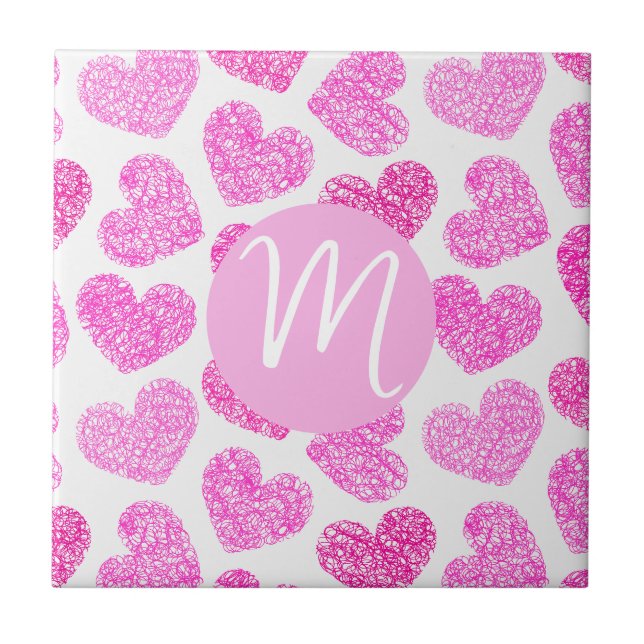 Carreau Coeur rose mignon Doodled Saint Valentin Monogramm (Devant)