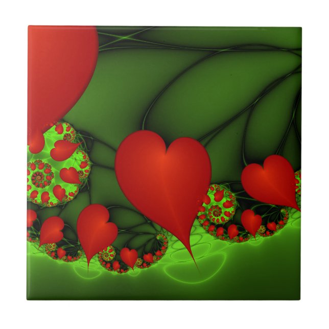 Carreau Coeurs rouges Lime vert Moderne Art Abstrait fract (Devant)