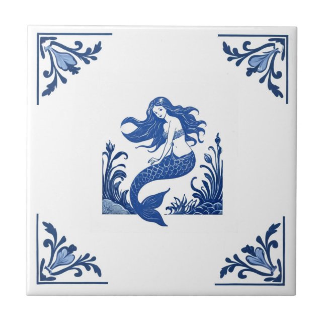 Carreau Coins floraux bleus et blancs de sirène Delft (Devant)
