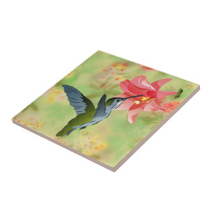 Carreau Colibri et lis rose sur le motif floral